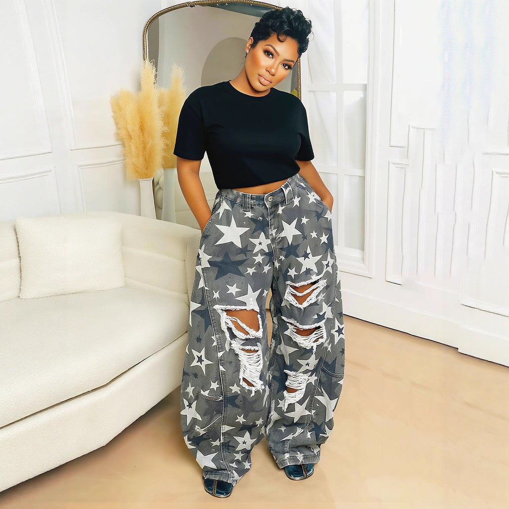 Washed Camouflage Star Ripped Knife Cut Denim Pants