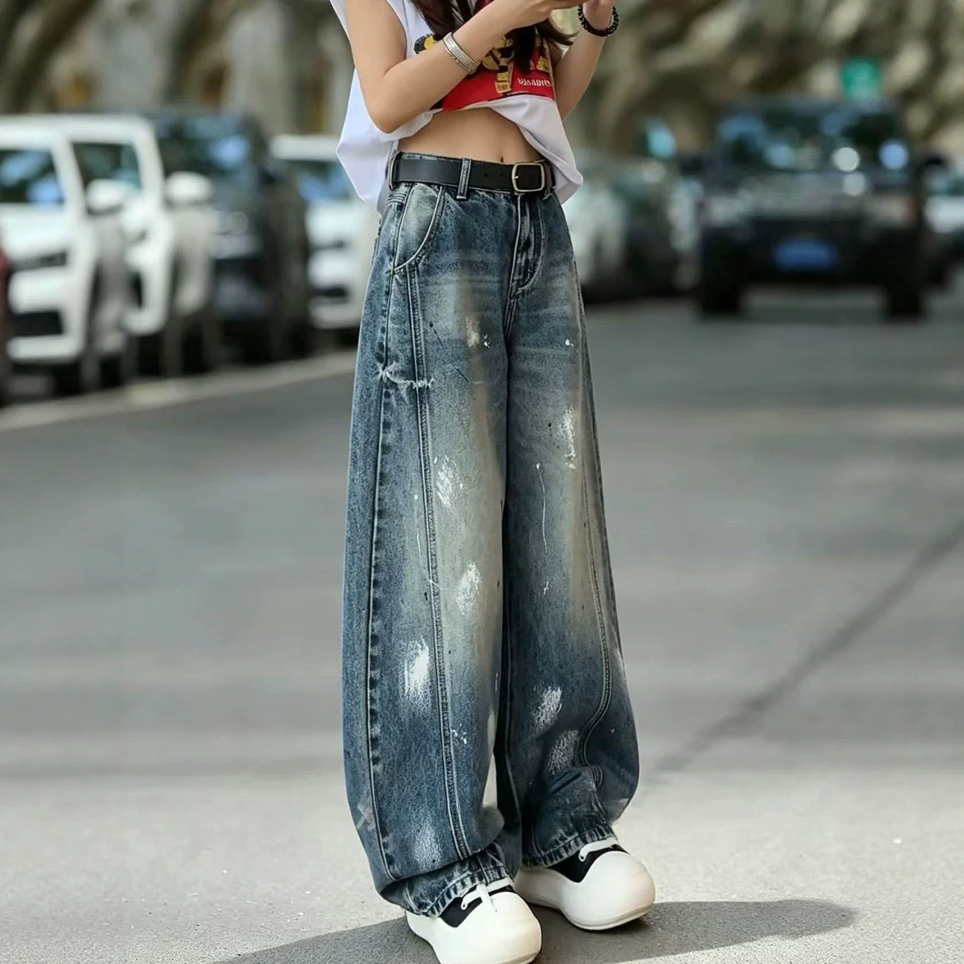 Graffiti Print Knife-Edge Denim Pants Women High Waist Slimming Design Loose Wide Leg Long Pants
