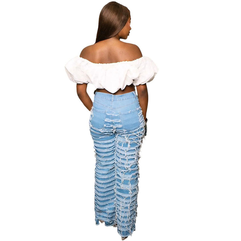 Women's Straight Leg Jeans, High Waist, Washed Distressed, Casual Long Pants, Street Style