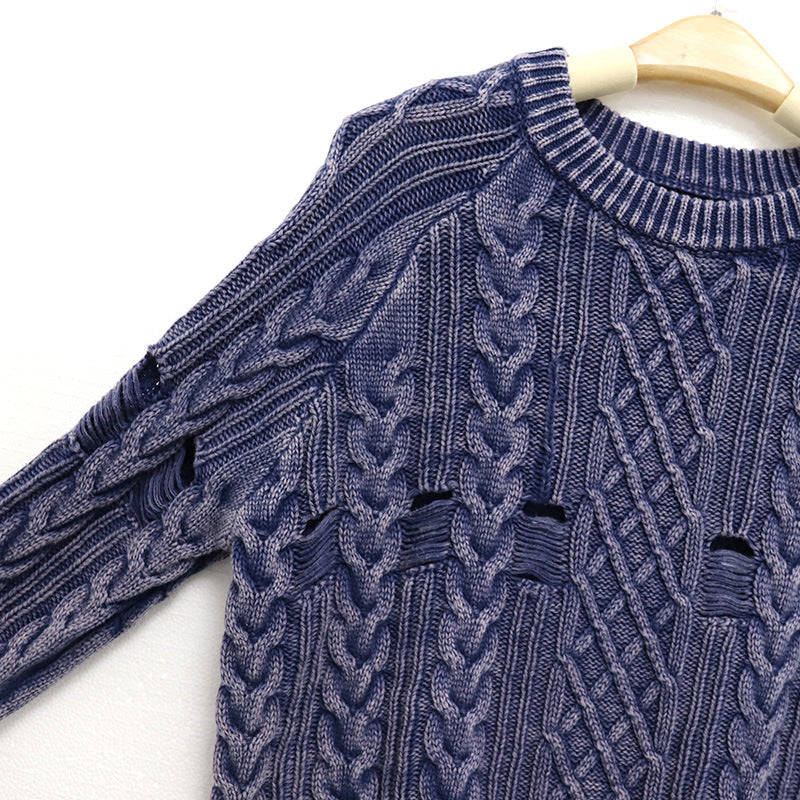 Round neck long sleeved short sweater with holes