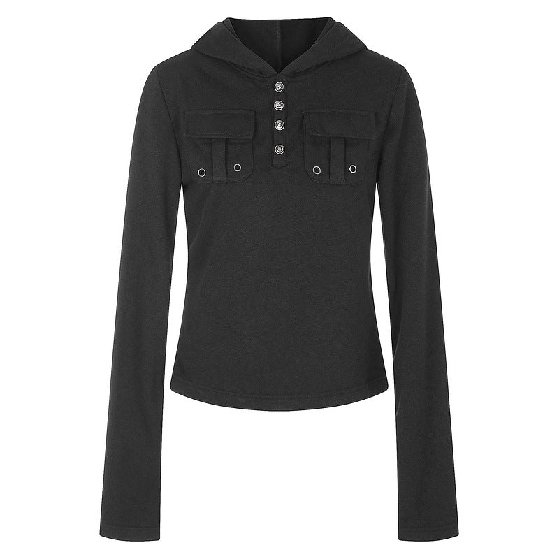 Hooded long sleeved half open button double pocket casual spicy girl base T-shirt