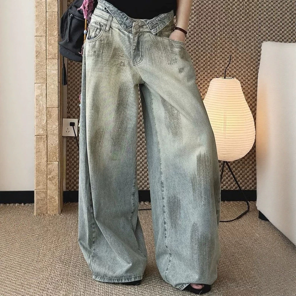 Vintage Distressed Mud-Dyed Double Waistband Curved Knife Jeans Unisex High Street Loose Versatile Casual Wide Leg Pants
