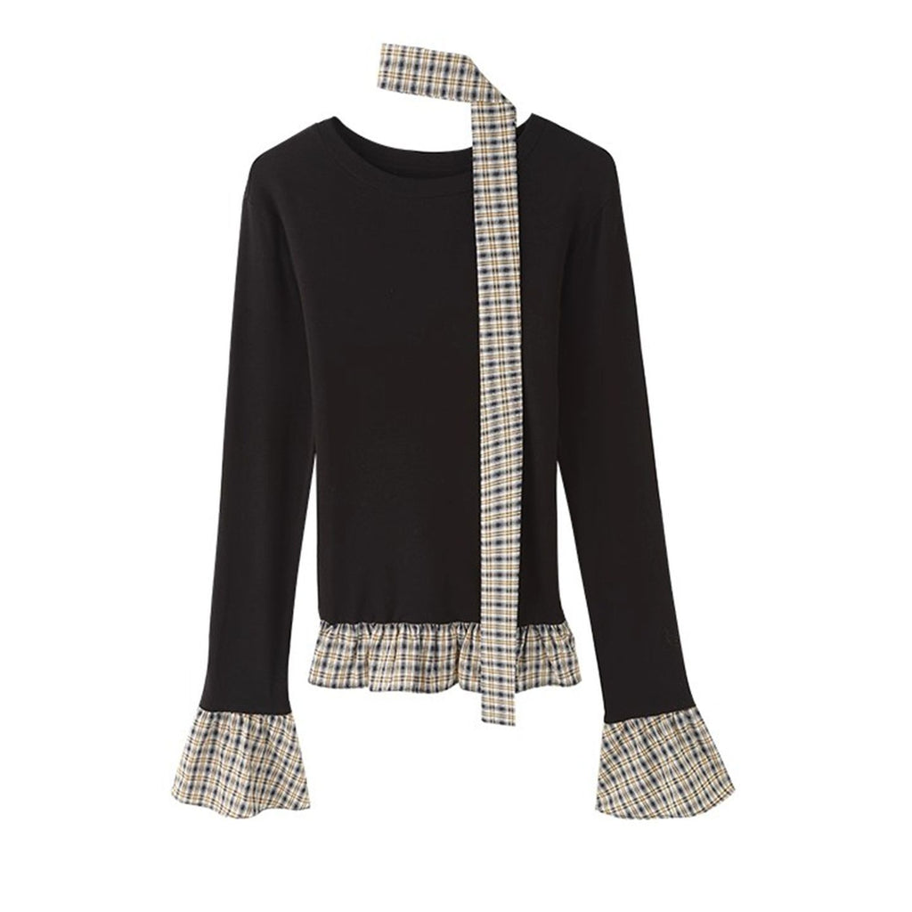 Stylish Two-Piece Plaid Top for Women, Spring and Autumn Innerwear, Unique Fitted Long Sleeve T-Shirt with Waist-Cinching Design