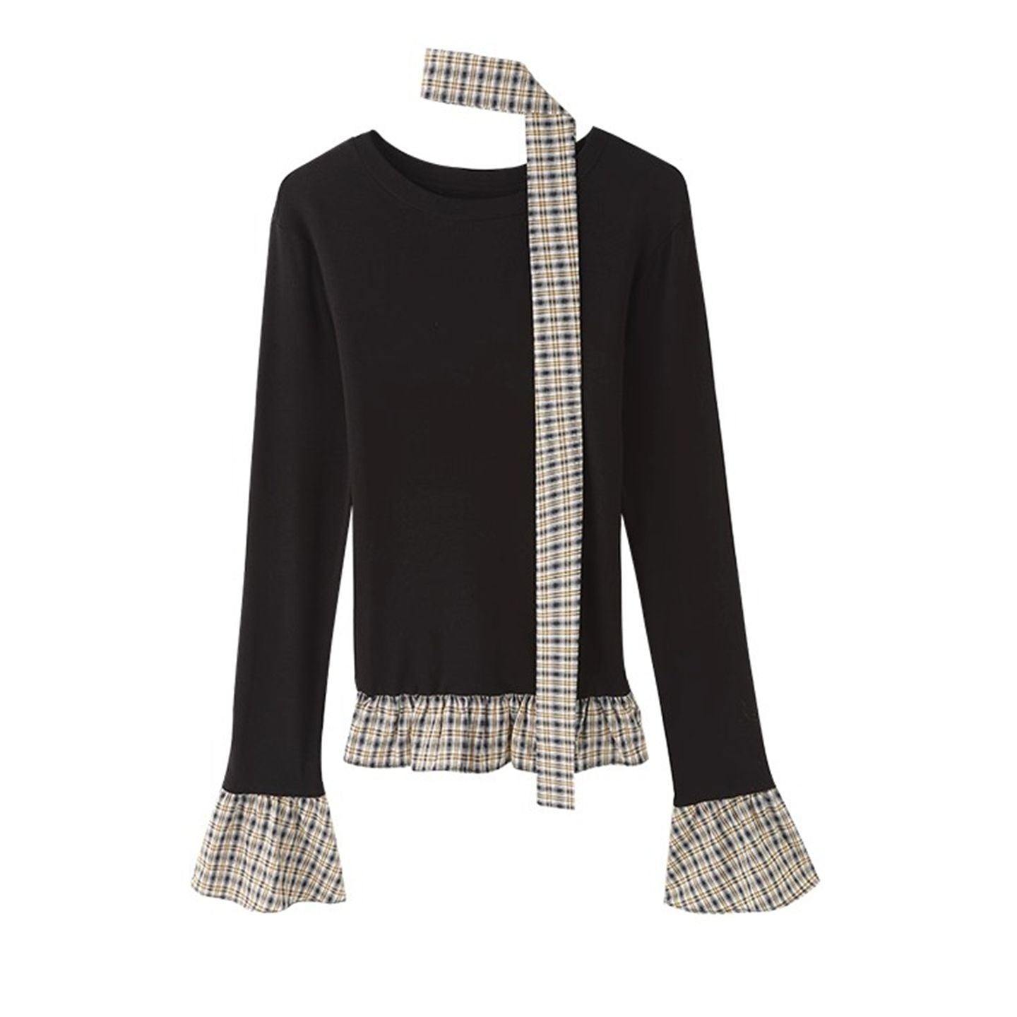 Stylish Two-Piece Plaid Top for Women, Spring and Autumn Innerwear, Unique Fitted Long Sleeve T-Shirt with Waist-Cinching Design