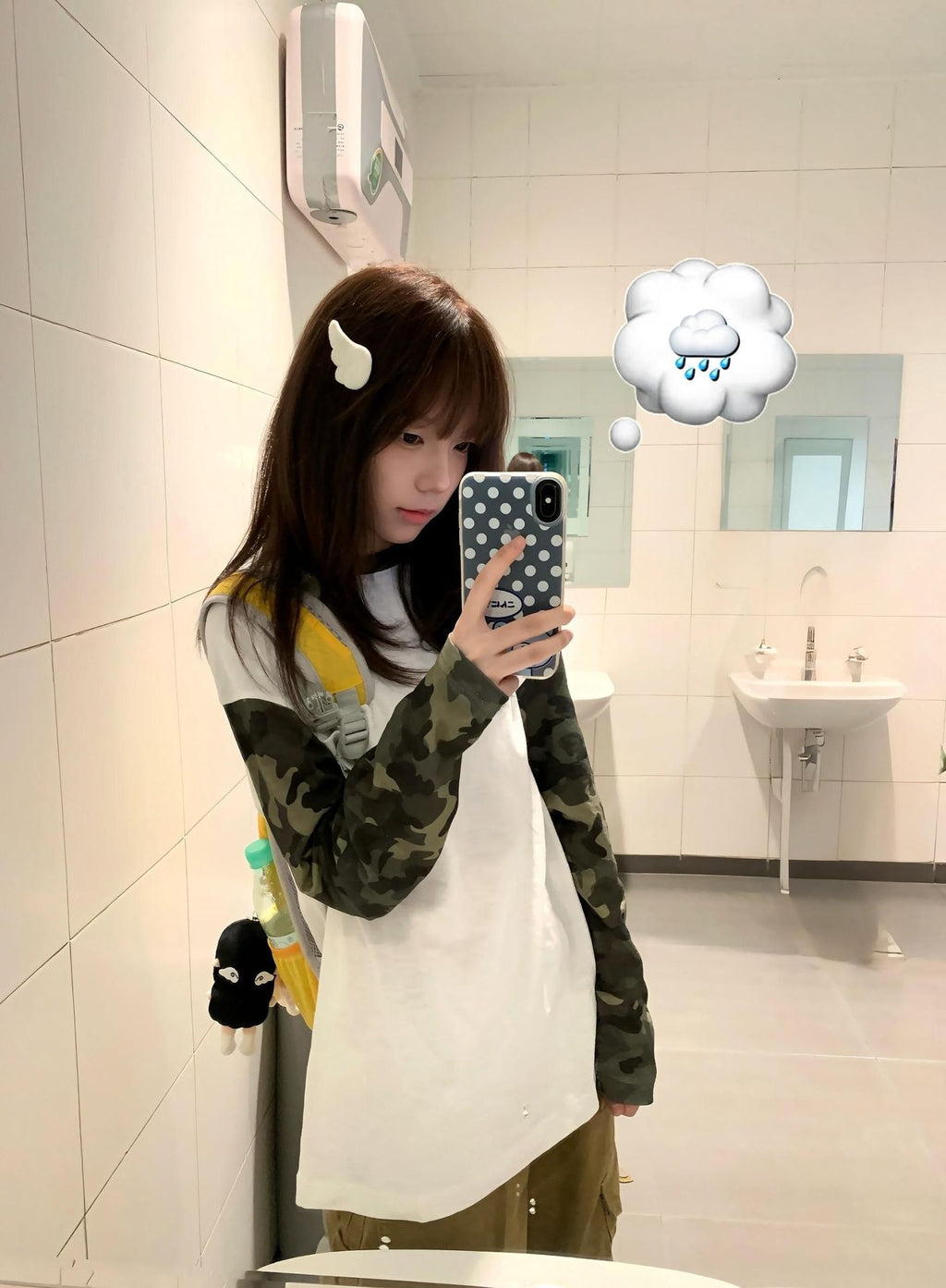 Retro Camouflage Patchwork Color-Blocked Asymmetrical Shoulder Loose Long Sleeve Top