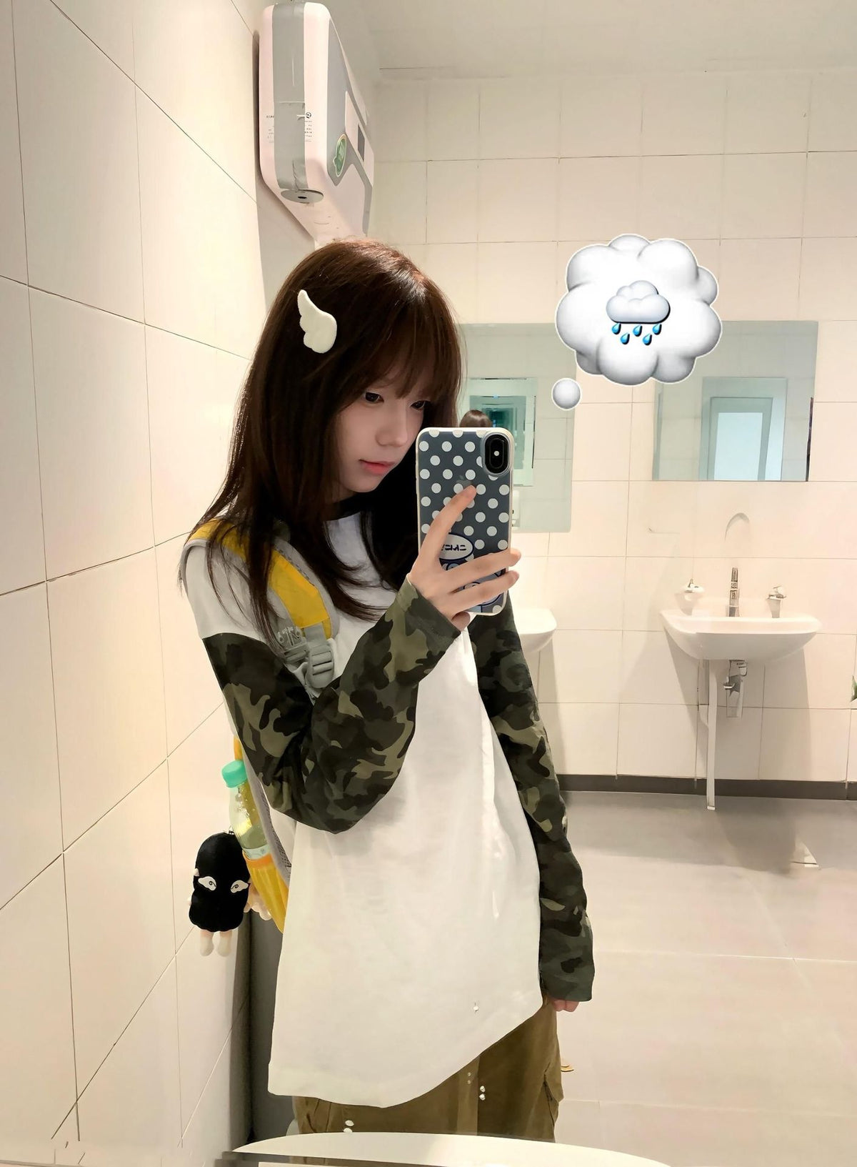 Retro Camouflage Patchwork Color-Blocked Asymmetrical Shoulder Loose Long Sleeve Top