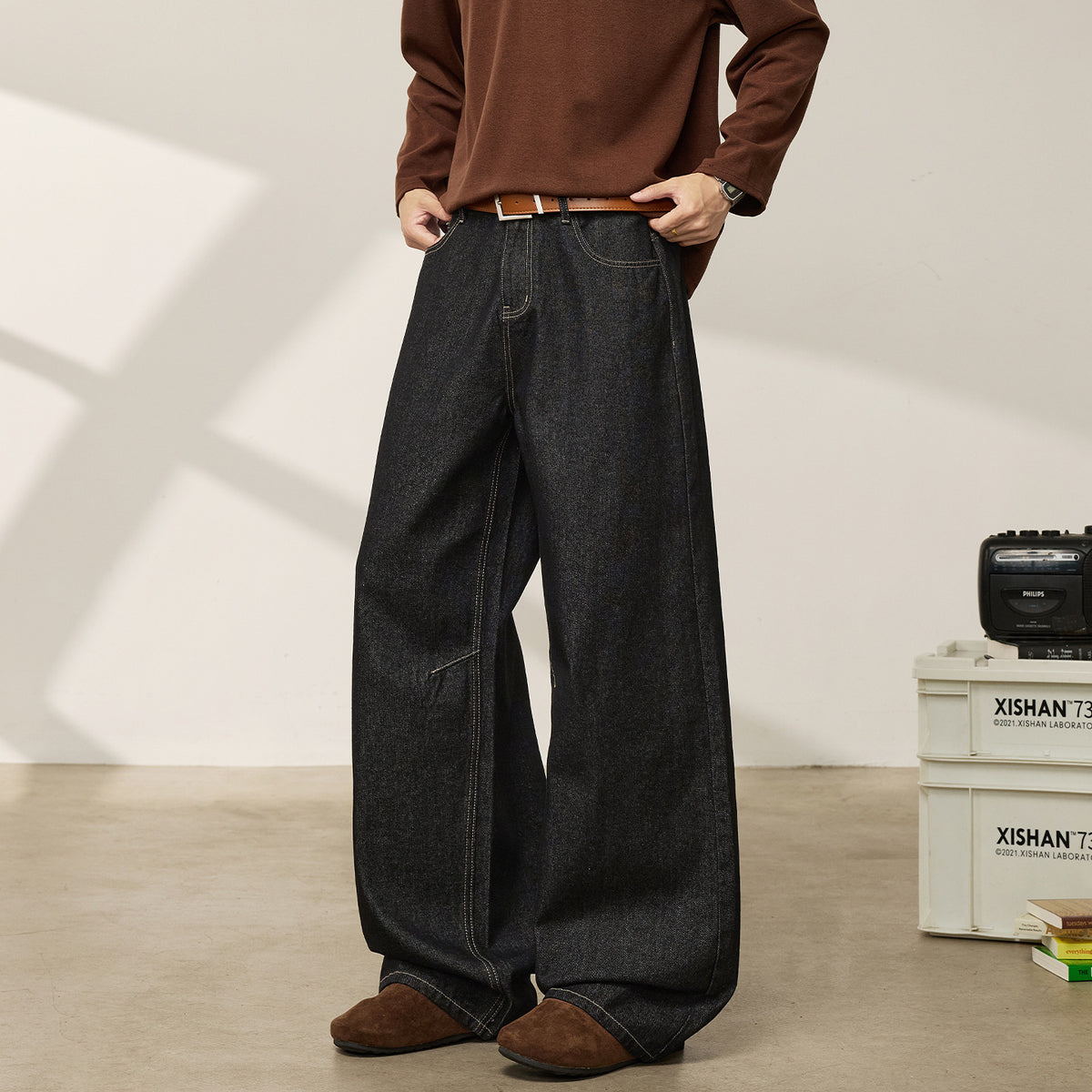 Cleanfit Straight Leg Denim Pants Men  Vintage Color-blocked Applique Embroidery Casual Long Pants