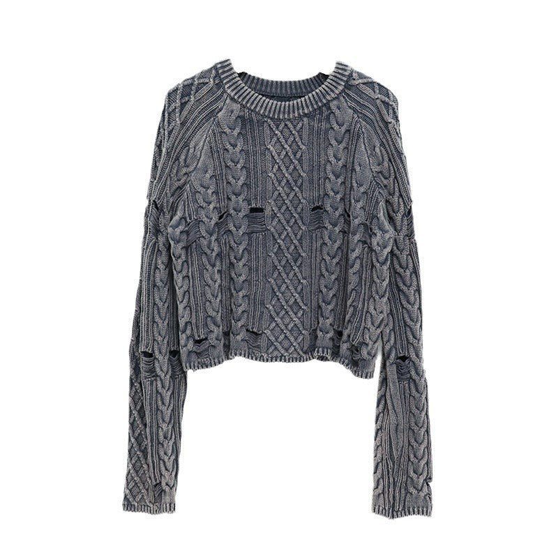 Round neck long sleeved short sweater with holes