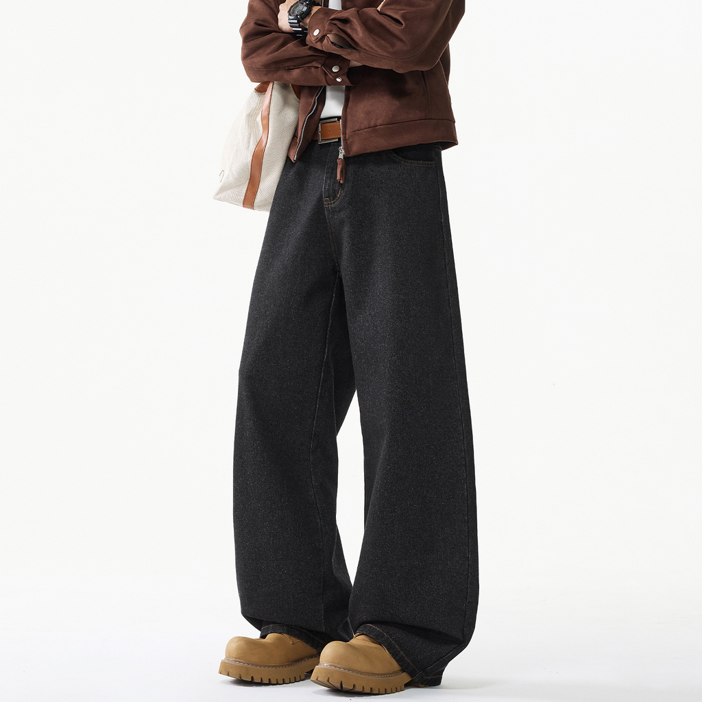 Leopard Print Vintage Raw Denim Paris Button Jeans for Men, Autumn Street Style Straight Loose Long Pants