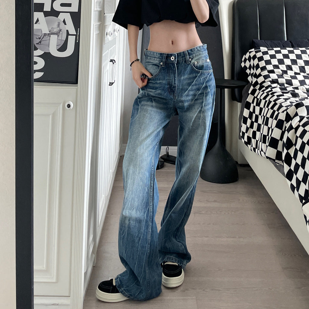Washed Lightning Pattern Denim Pants Men Casual Loose Straight Leg Wide Leg Long Pants