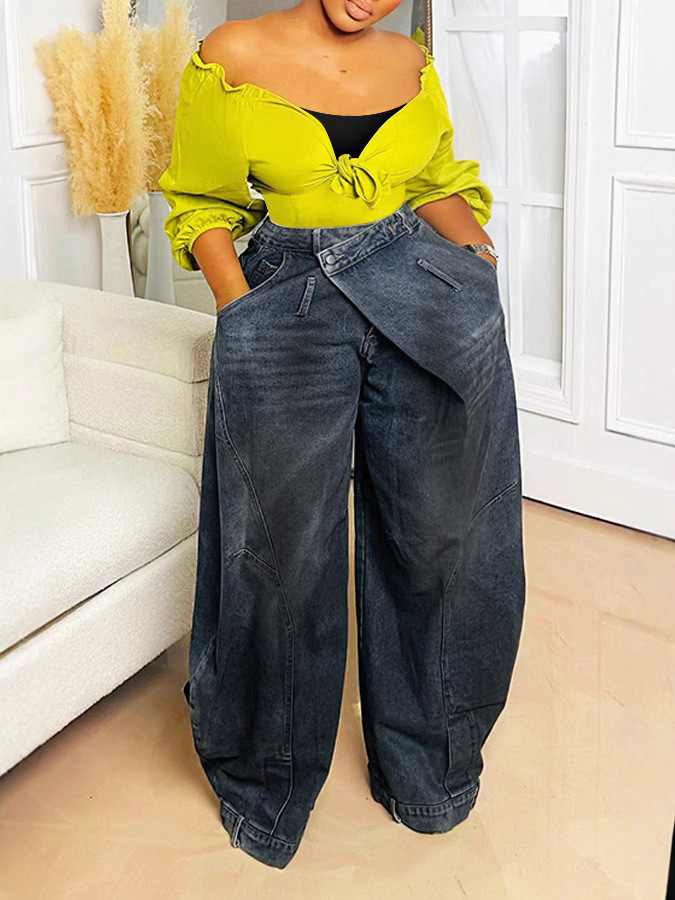 Vintage Distressed Washed Reversed Waistband Jeans