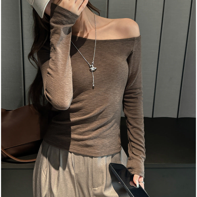 Chic Long Sleeve Crop Top for Women, Off-Shoulder Asymmetric Design, Sexy and Sultry Inner Wear or Outerwear, Regular Shoulder T-Shirt Top