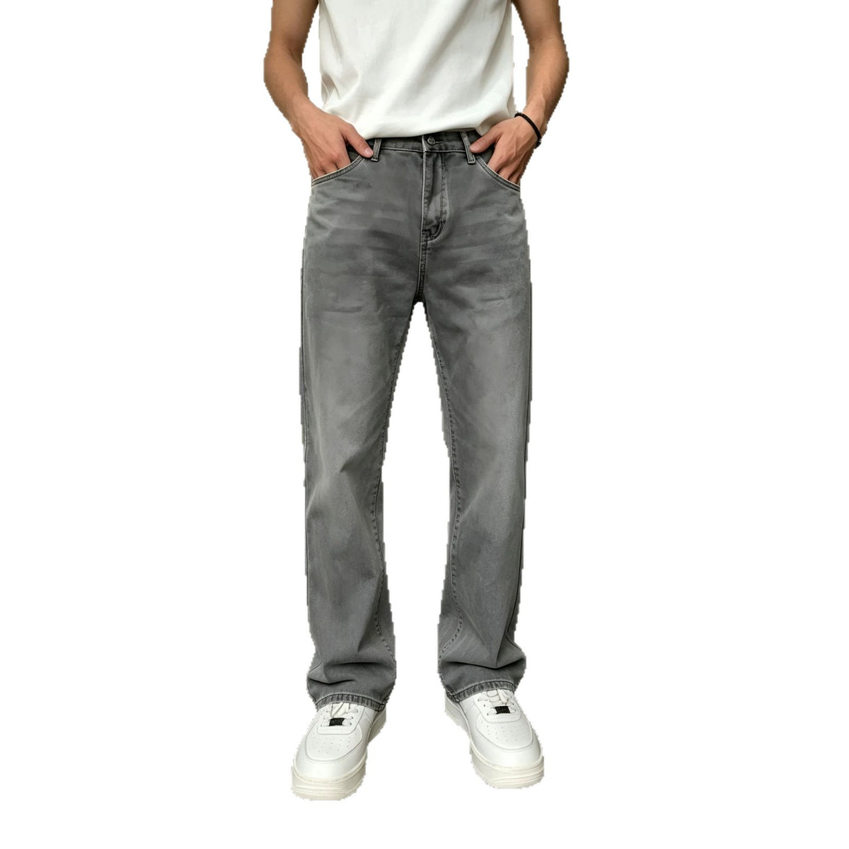Casual Washed Gray Denim Pants for Men, Comfortable Everyday Workwear, Vintage Style, Relaxed Fit, Fashionable Summer Bottoms