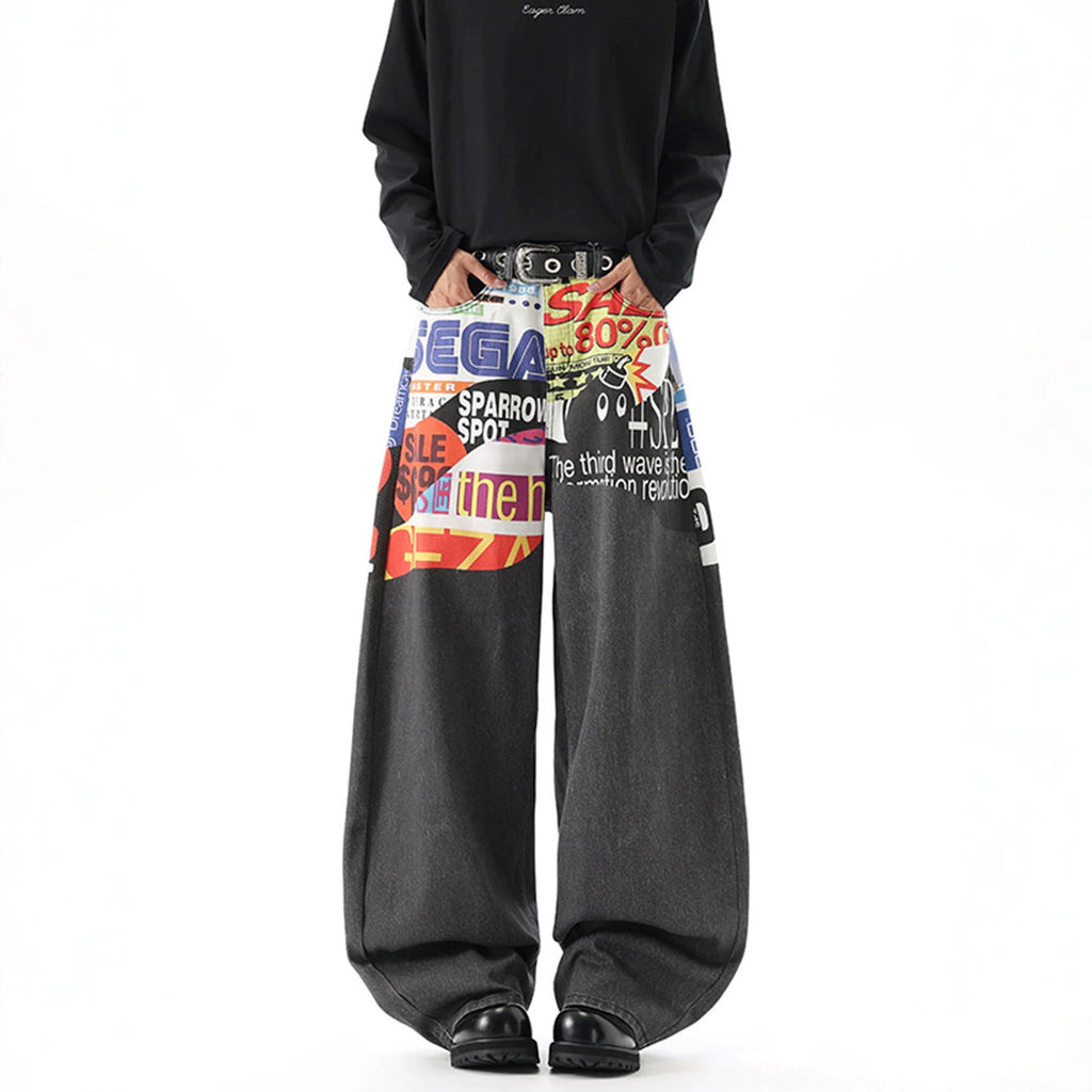 Casual Men's Letter Digital Print Denim Pants, Loose Fit, Street Style, Oversized Straight Leg Trousers