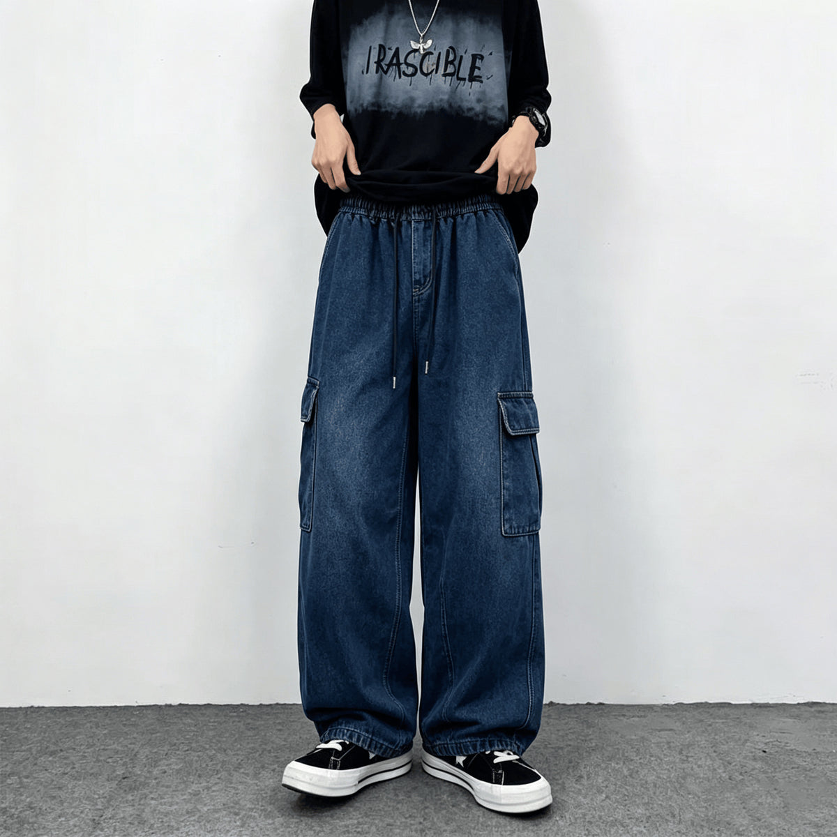 Summer Men's Fashion Loose Casual Versatile Multi-Pocket Color-Blocked Denim Pants Trendy