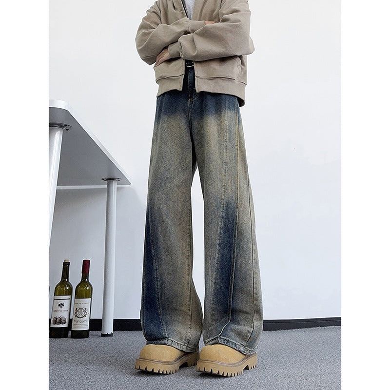 Casual Straight Leg Jeans for Men Heavyweight Washed Vintage Denim Pants