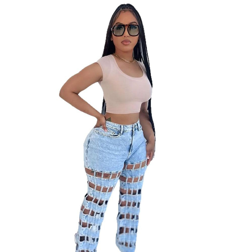 Ripped Women's Jeans, High-Waisted Straight Leg Denim Pants, Street Style Hollow Out Fashion