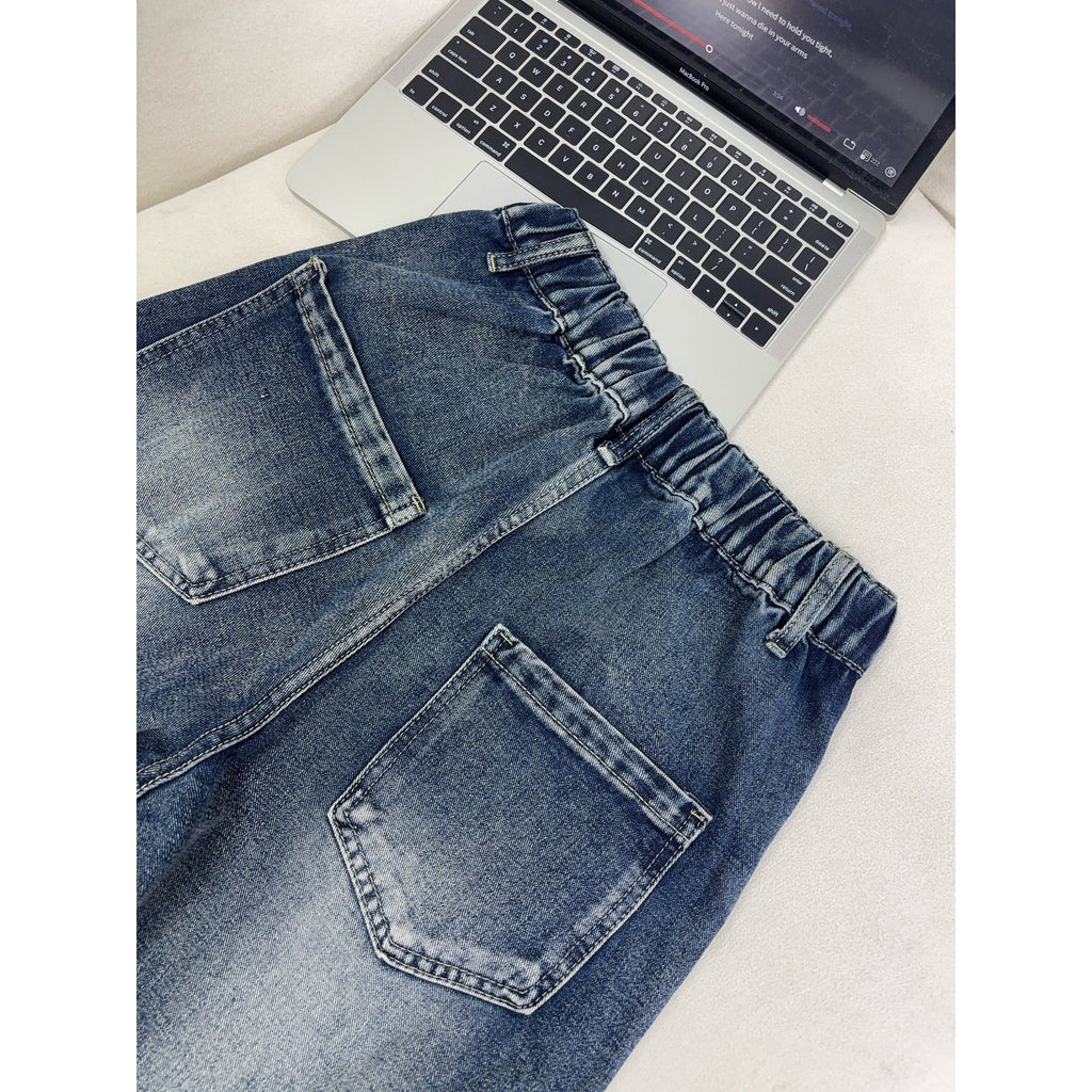 Lightning Pattern Washed Denim Pants Men Straight Leg Pants