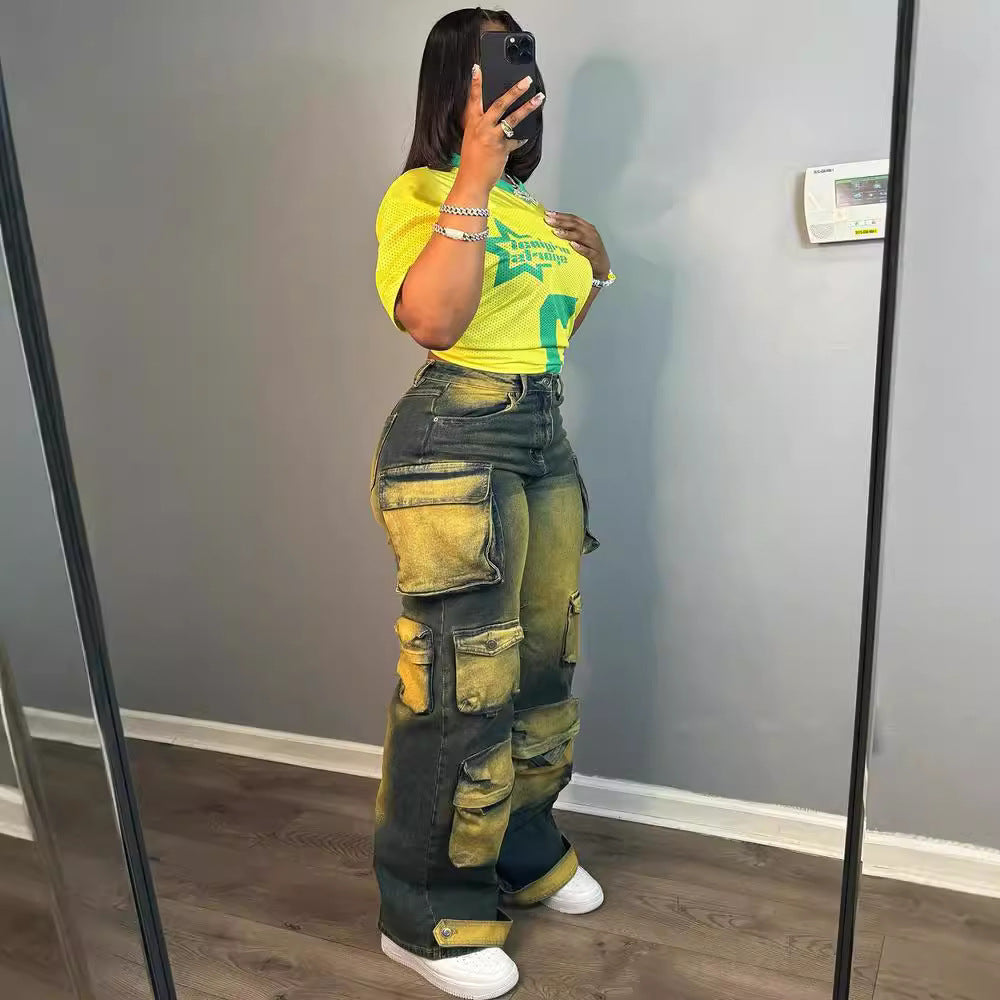 Women's Straight Leg Jeans, High Waist Utility Pants with Multiple Pockets Fashionable and Unique Design