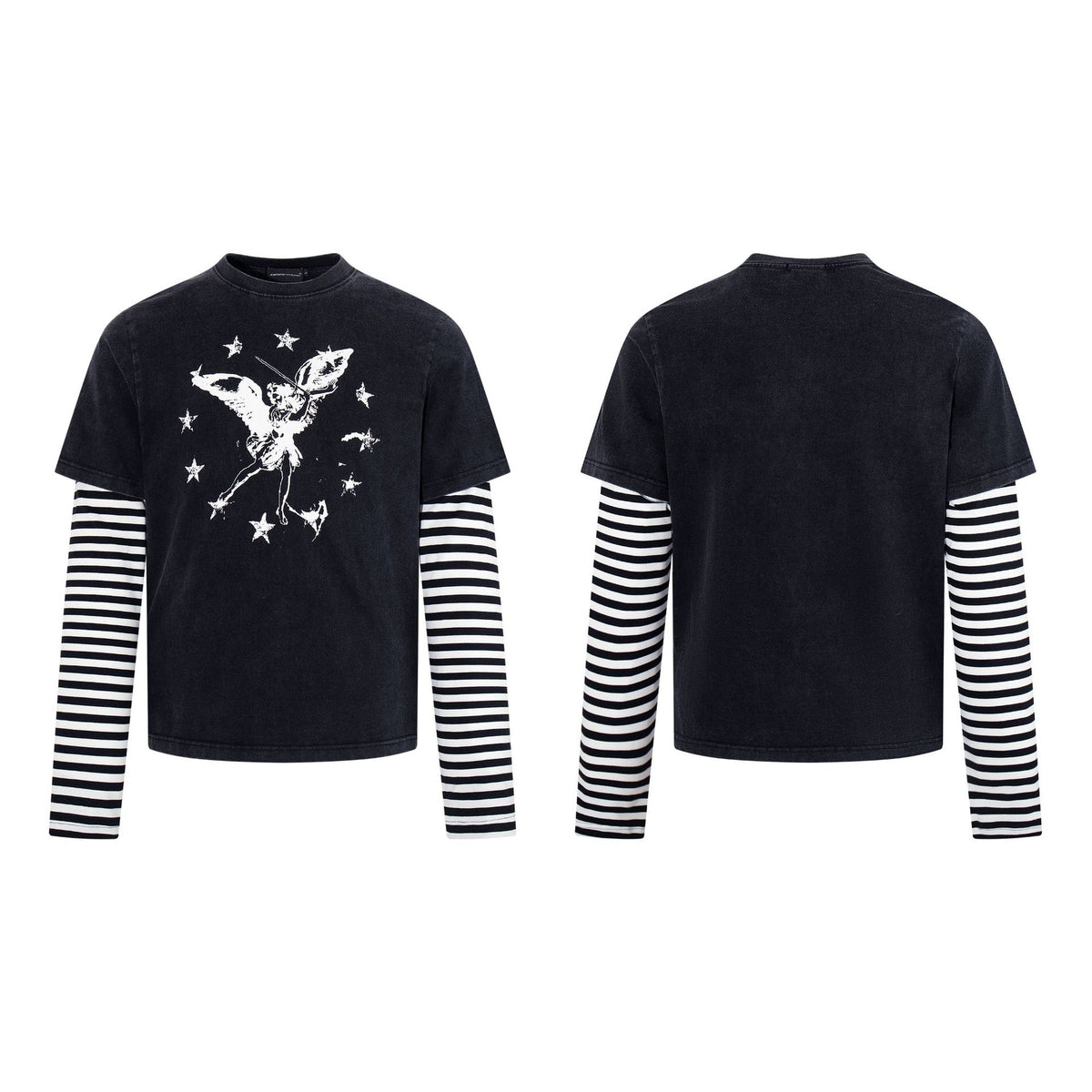 Striped fake two angel star printed long sleeved shirt