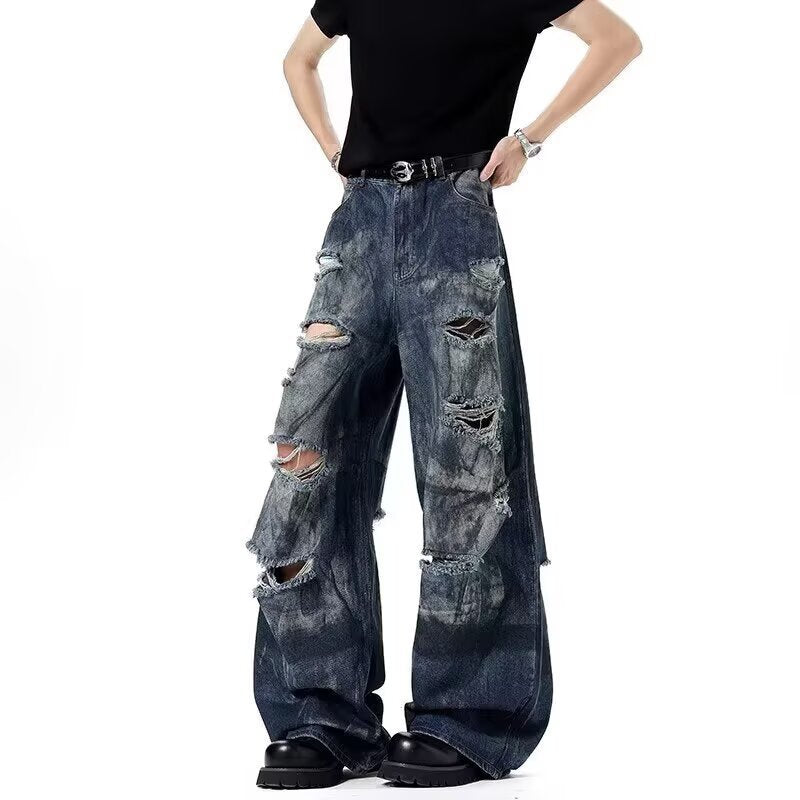 Washed Distressed Knife-Edge Pants for Men Summer Casual Loose Fit  Denim Trousers