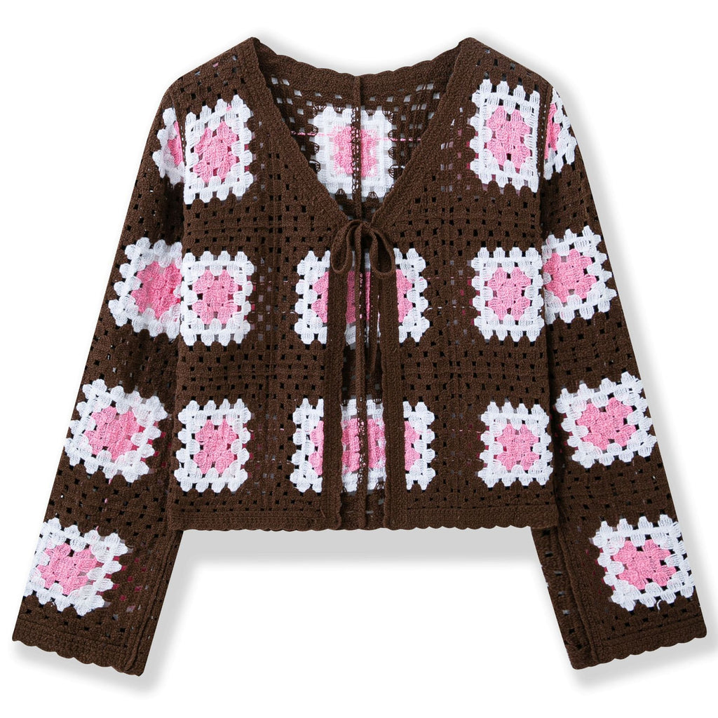 Grid tie cardigan long sleeved top