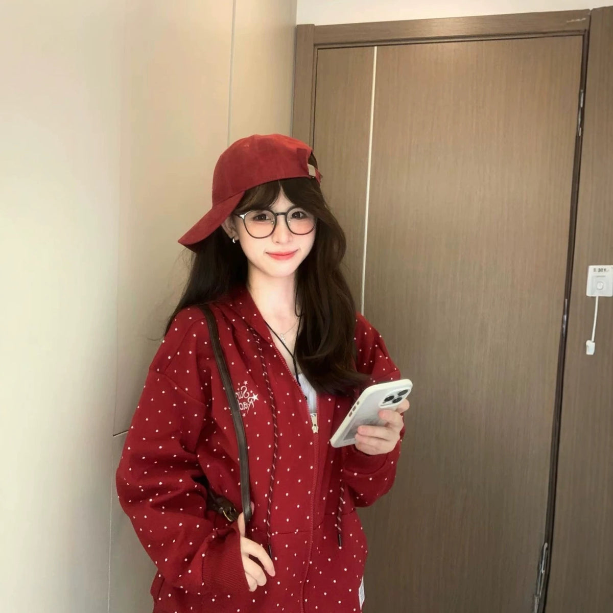Casual Loose Zip-Up Hoodie with Red Polka Dots Long Sleeve for Girls