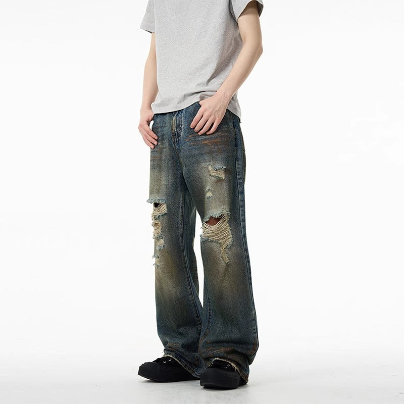 Street Retro Ripped Jeans Men Spring Autumn New Fashion Brand Cool Straight Loose Long Pants