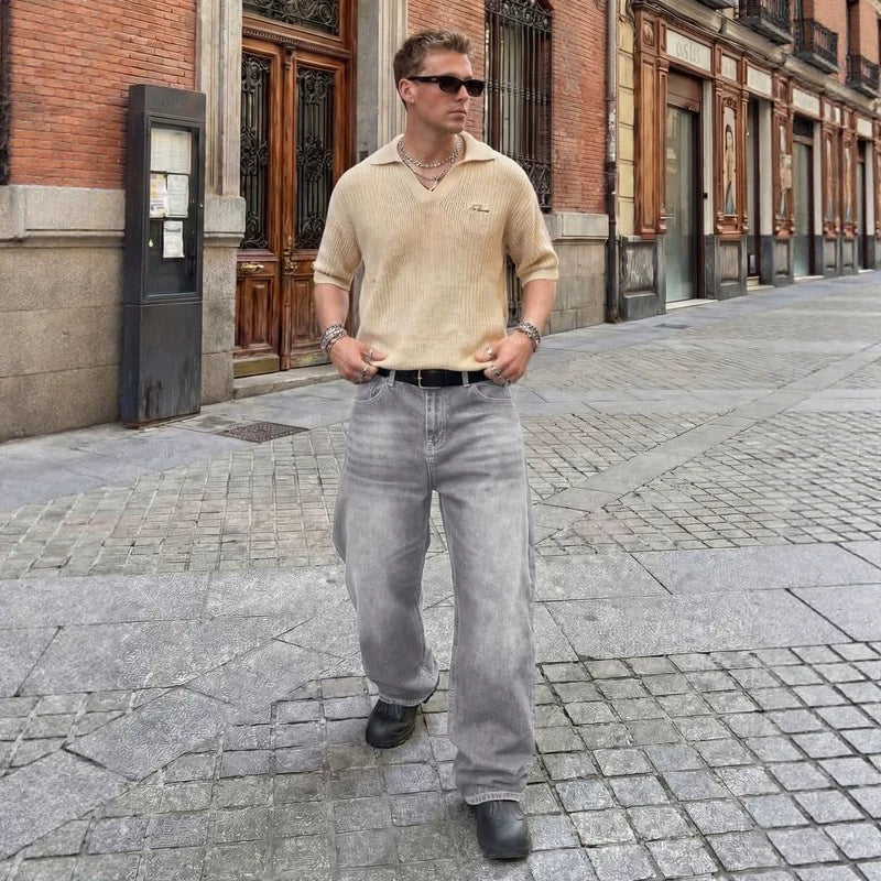 Casual Men's Distressed Gray Design Denim Pants, Vintage Fashion Washed Jeans