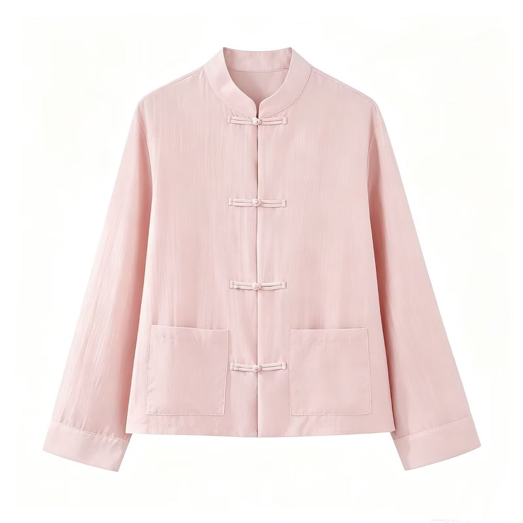 Long sleeved stand up collar satin rope buttoned shirt