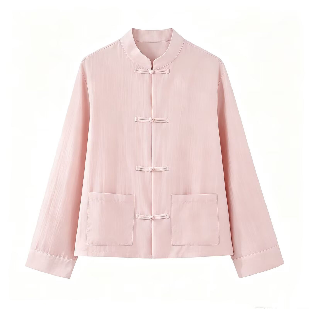 Long sleeved stand up collar satin rope buttoned shirt