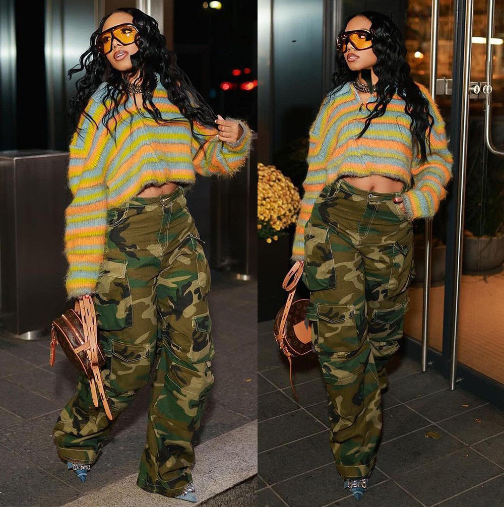 Women's Camouflage Pants Winter New Style Street Fashion Multi-Pocket Straight Leg Jeans