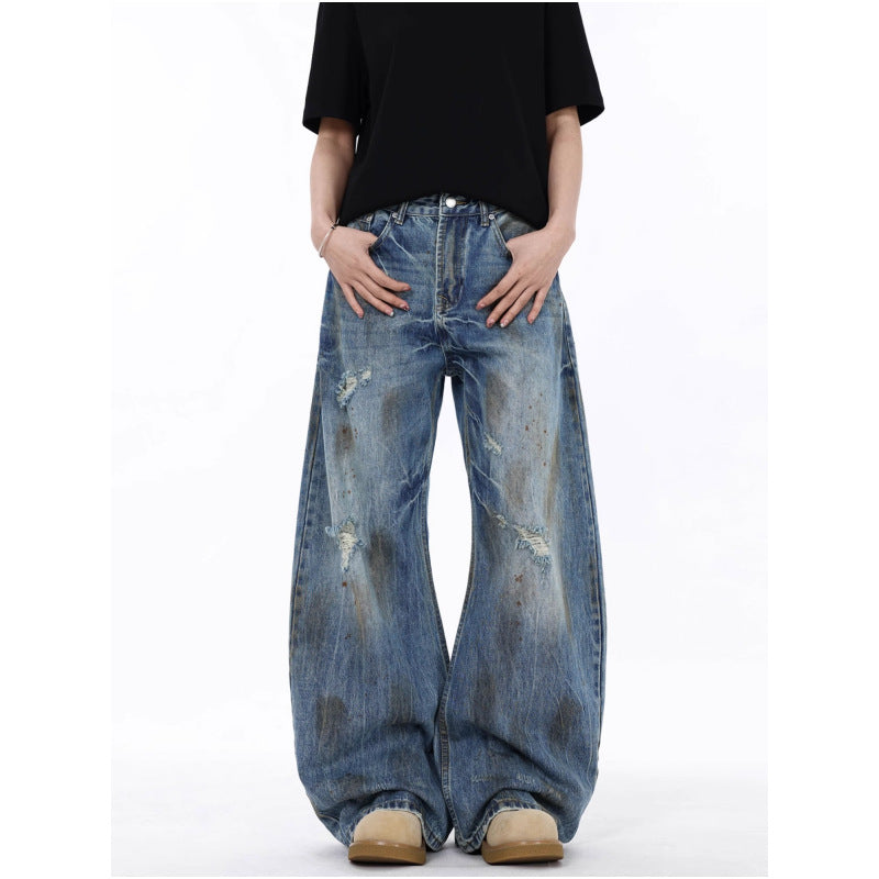Street Style Lightning Crack Distressed Ripped Knife-Edge Denim Pants for Men, Wide Leg Loose Fit, Scythe Cut Casual Trousers
