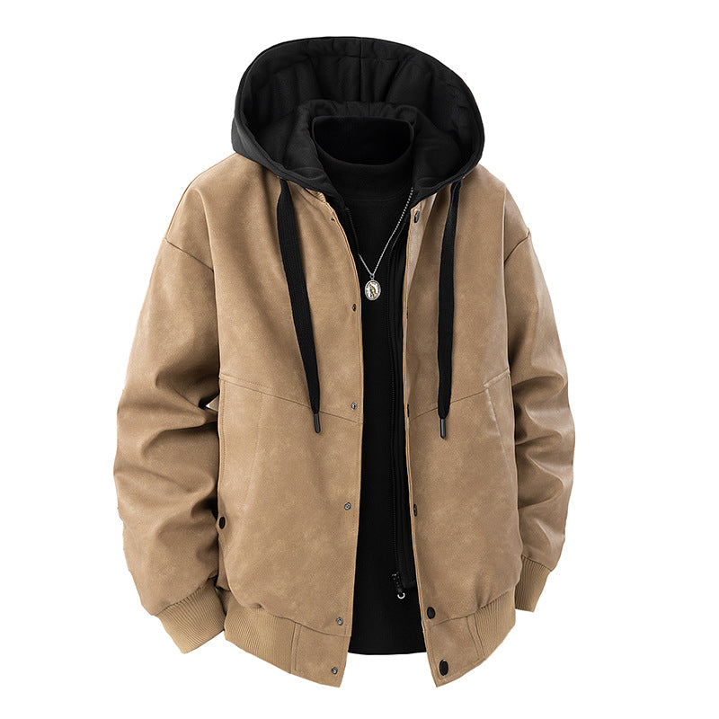 Men'sStreet Style Motorcycle Leather Jacket with Hooded Spliced Design