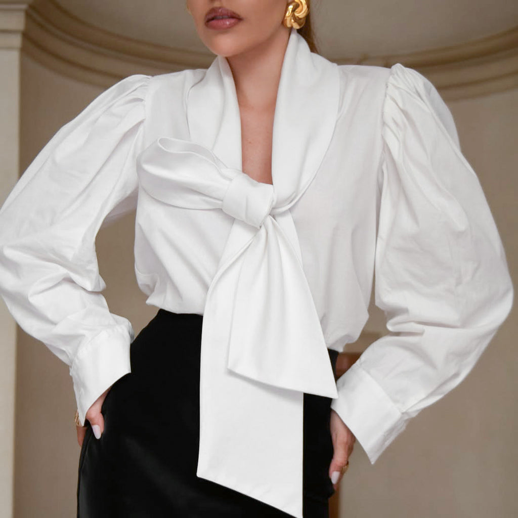 Chic Cotton Tie-Bow Design Loose Casual Long Sleeve Shirt for Women
