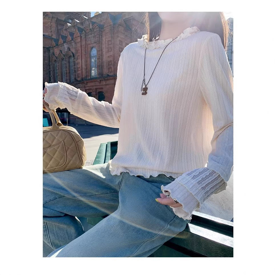 Spring New  Apricot Long Sleeve T-Shirt for Women, Hollow Lace Trim Inner Layer Top, Casual Wear
