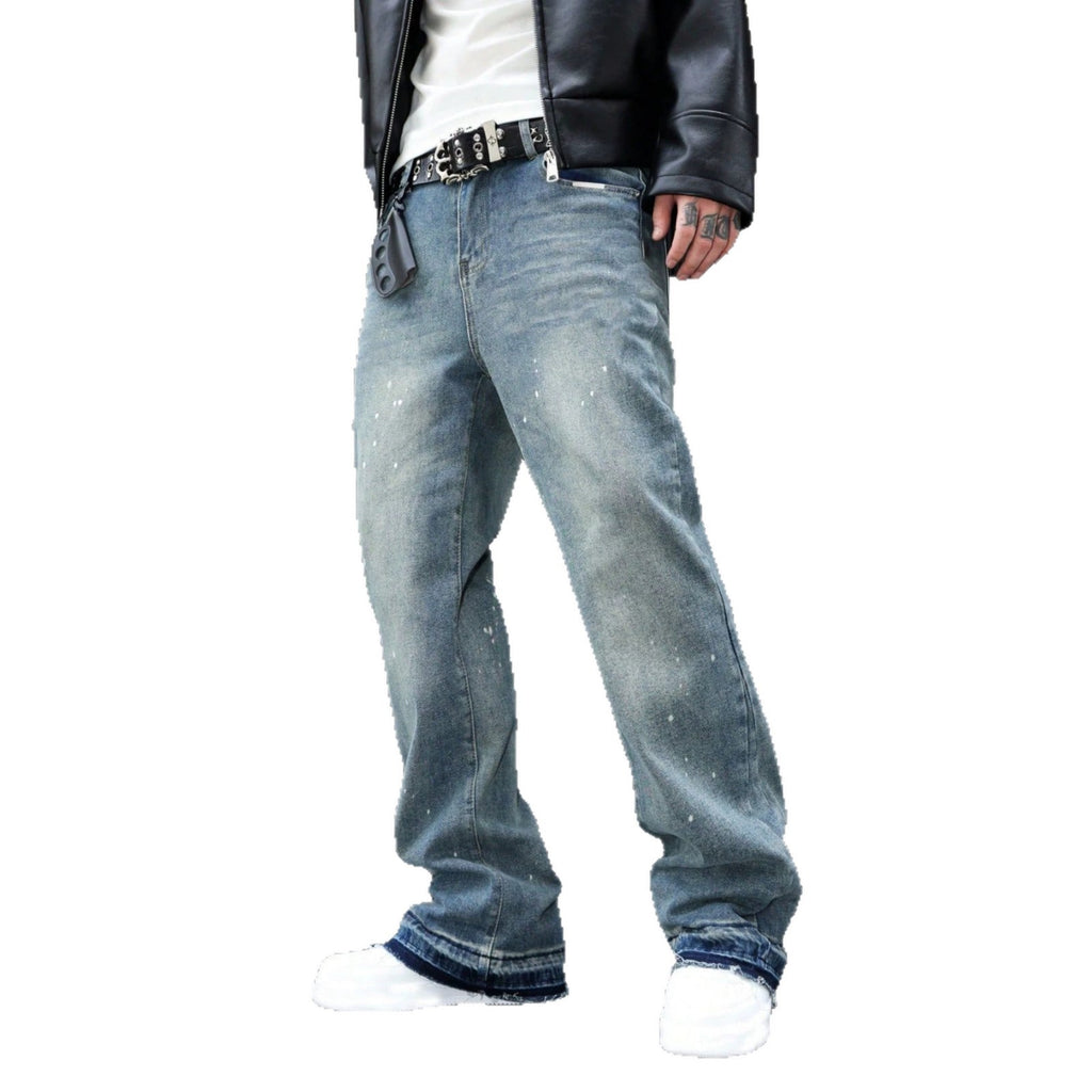 Retro Summer Washed Denim Pants for Men with Distressed Splatter Design, Fashionable Casual Trousers