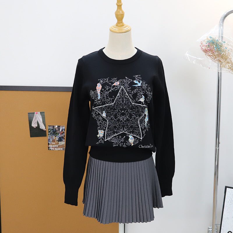 Embroidered pentagram flying bird pullover sweater for women