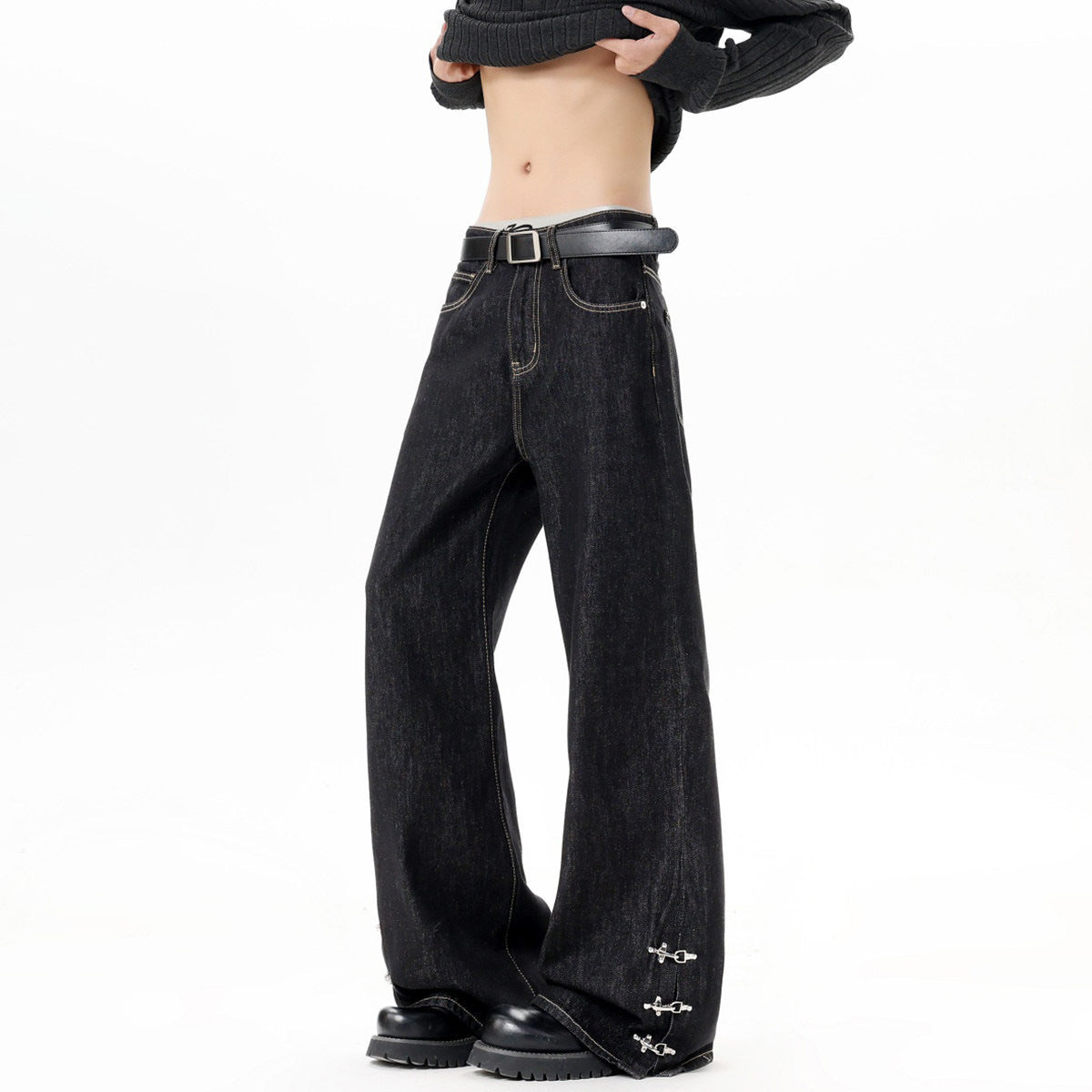 Style Buckle Denim Pants Men Spring Autumn New Retro Design Flared Trendy Cleanfit Long Trousers