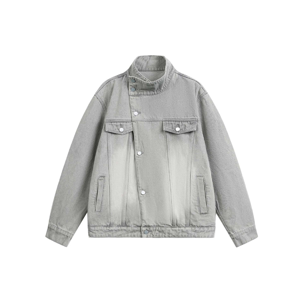 Vintage Irregular Asymmetrical Placket Stand Collar Denim Jacket for Men