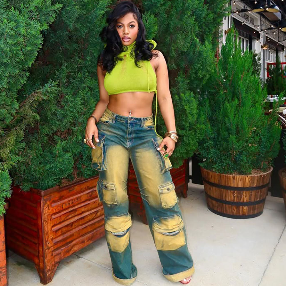 Women's Straight Leg Jeans, High Waist Utility Pants with Multiple Pockets Fashionable and Unique Design