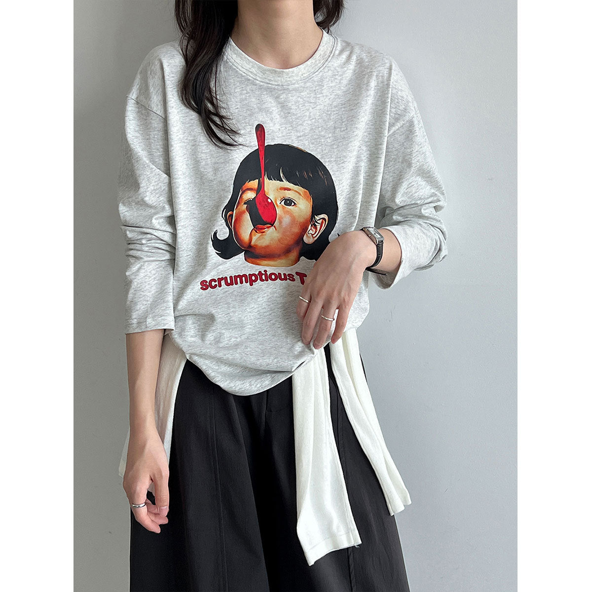Deer West  Round Neck Printed Loose T-shirt for Women Autumn New Long Sleeve Casual Top