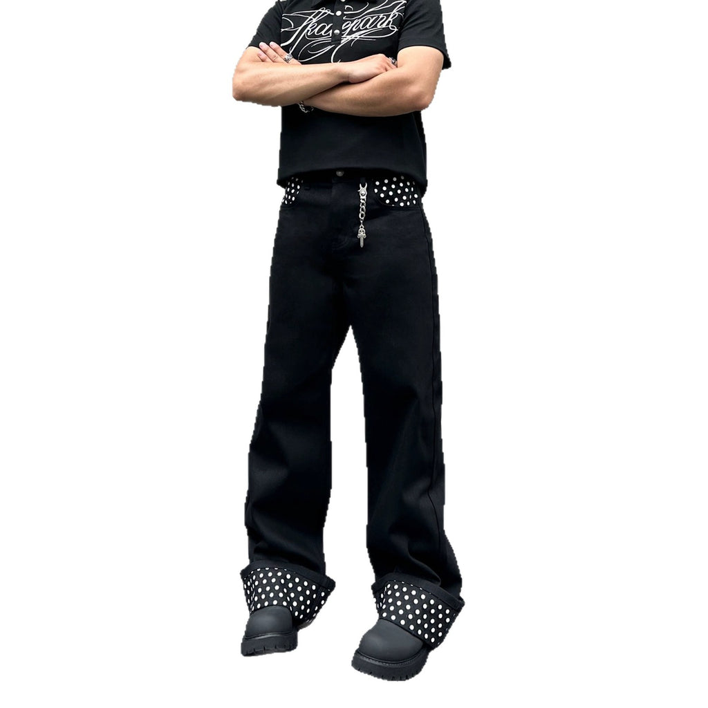 Fashion Cuffed Polka Dot Black Straight Leg Jeans Men's Light Asian Style Loose Slimming Clean Fit Pants