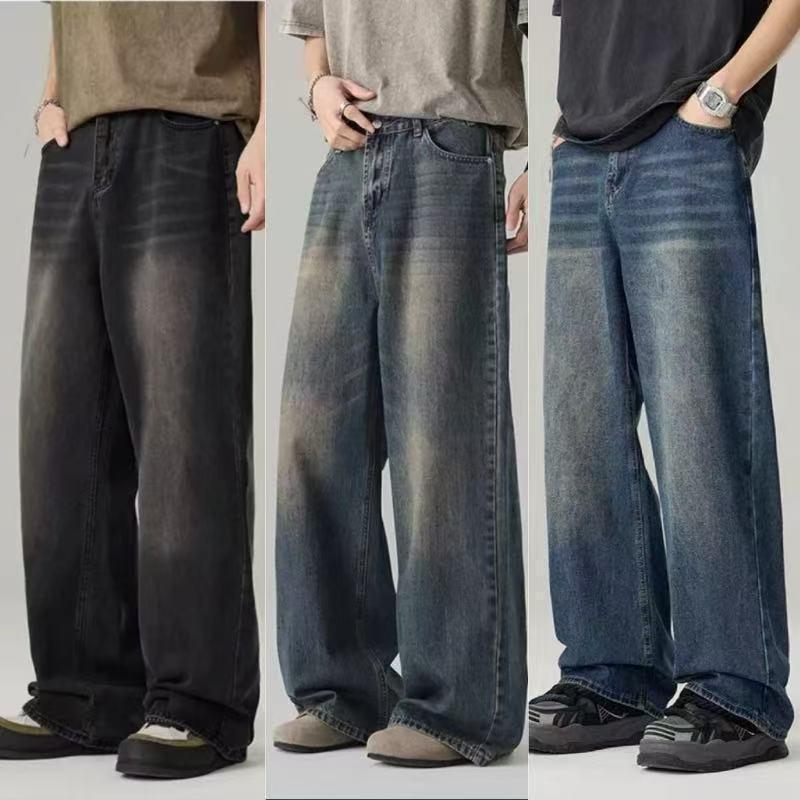 Vintage Denim Pants Men Washed Wide Leg Retro Distressed Loose Straight Leg Long Trousers
