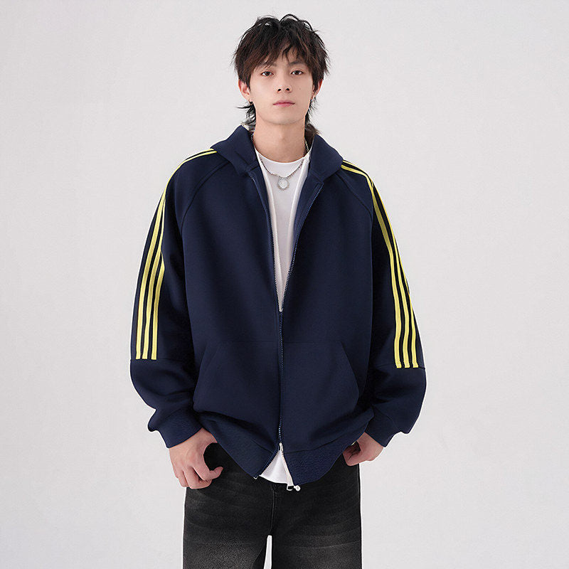 Striped Three-Stripe Open Front Hoodie Men's Spring and Autumn New Arriva  Casual Versatile Hooded Jacket Outerwear