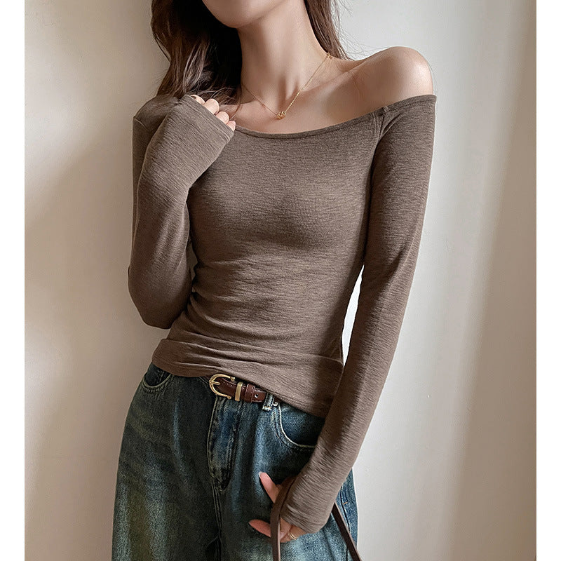 Off-Shoulder Long Sleeve Top for Women, New Style, Versatile, Elegant Solid Color, Regular Shoulder, Slim Fit, Bodycon, Sexy Look, Bamboo Cotton Shirt