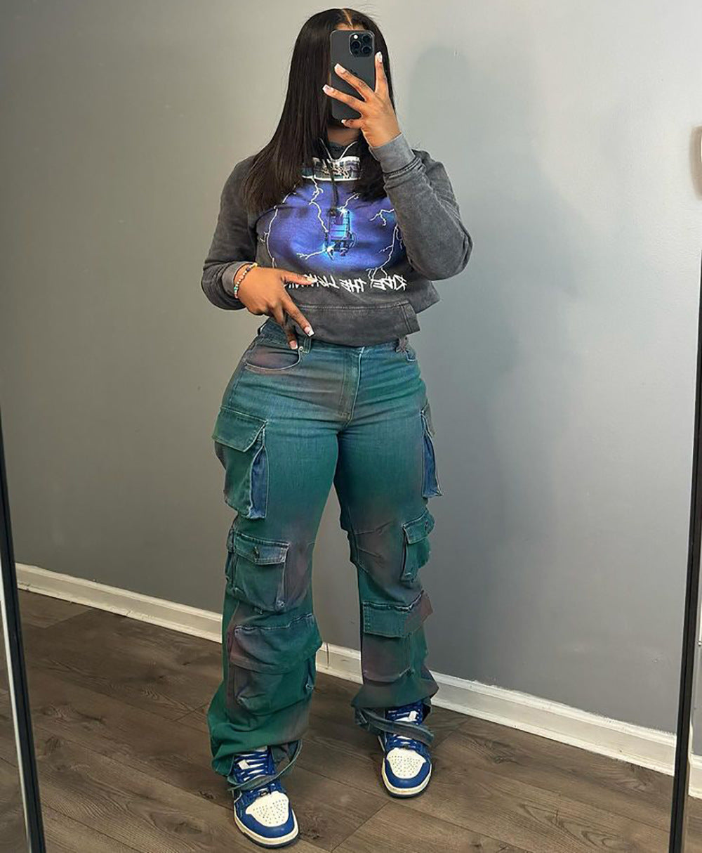 Fashionable Individuality Trendy Multi-Pocket Tie-Dye Jeans High Waist Straight Leg Pants