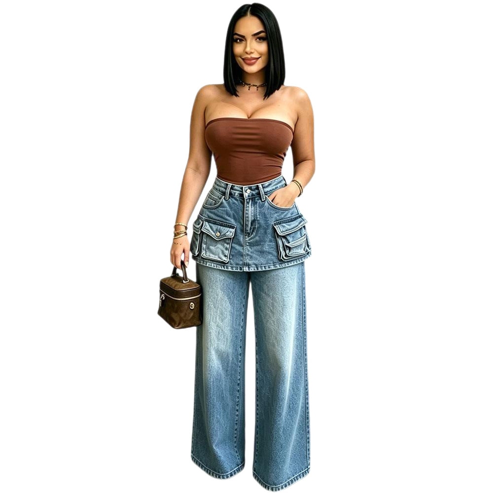High-Waisted Wide-Leg Jeans for Women, Fashionable Multi-Pocket Faux Two-Piece Pants Skirt