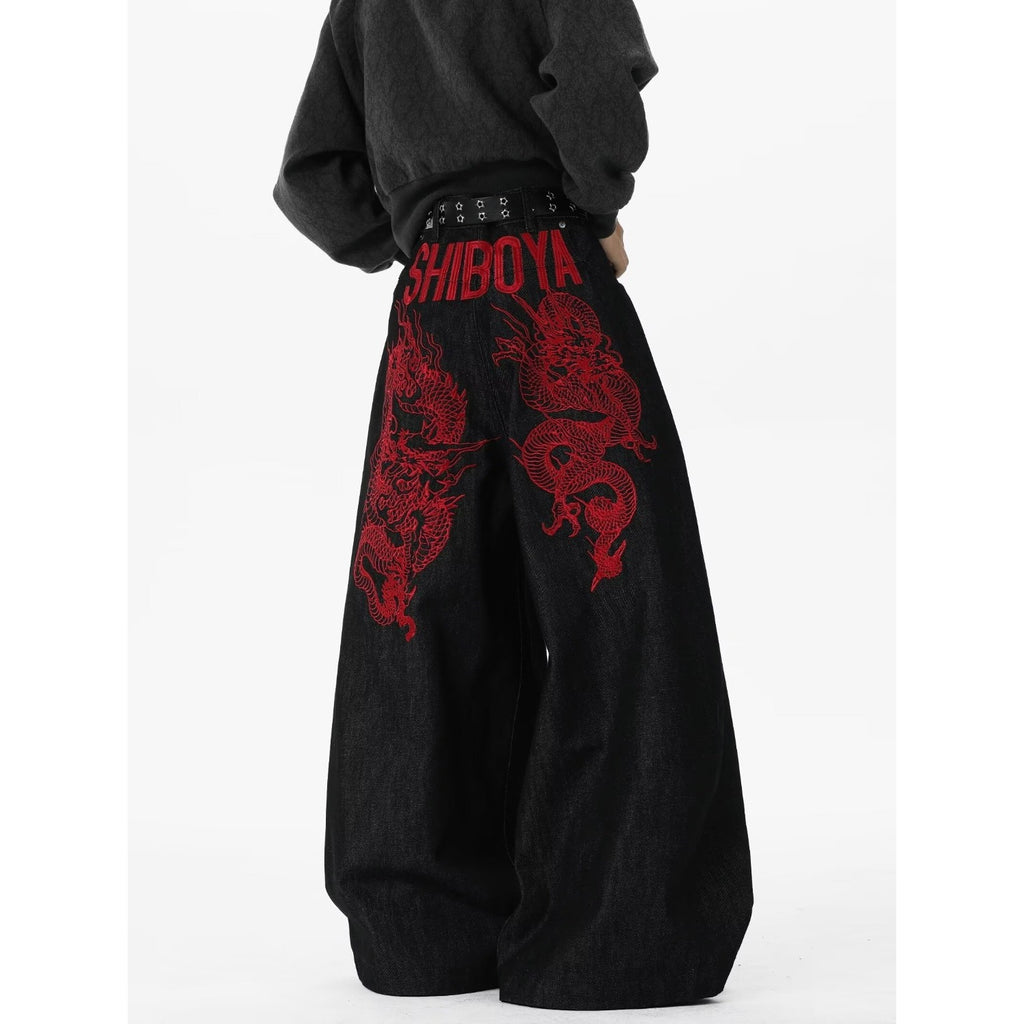 Red Dragon Embroidery Knife Jeans Men Loose Casual Cargo Wide Leg Long Pants
