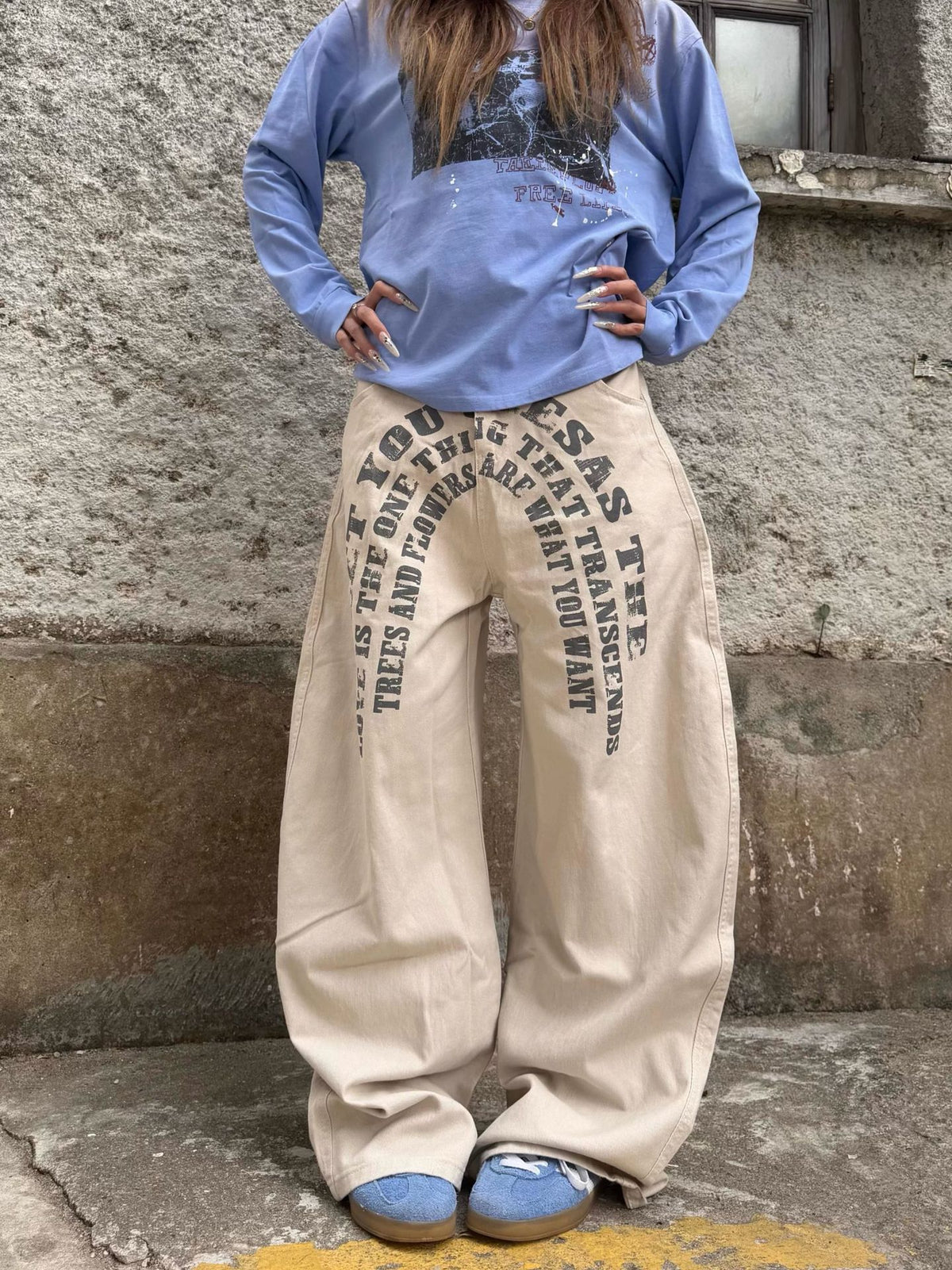 Casual  Street Style Printed Letter Loose Wide-Leg Denim Pants for Men and Women